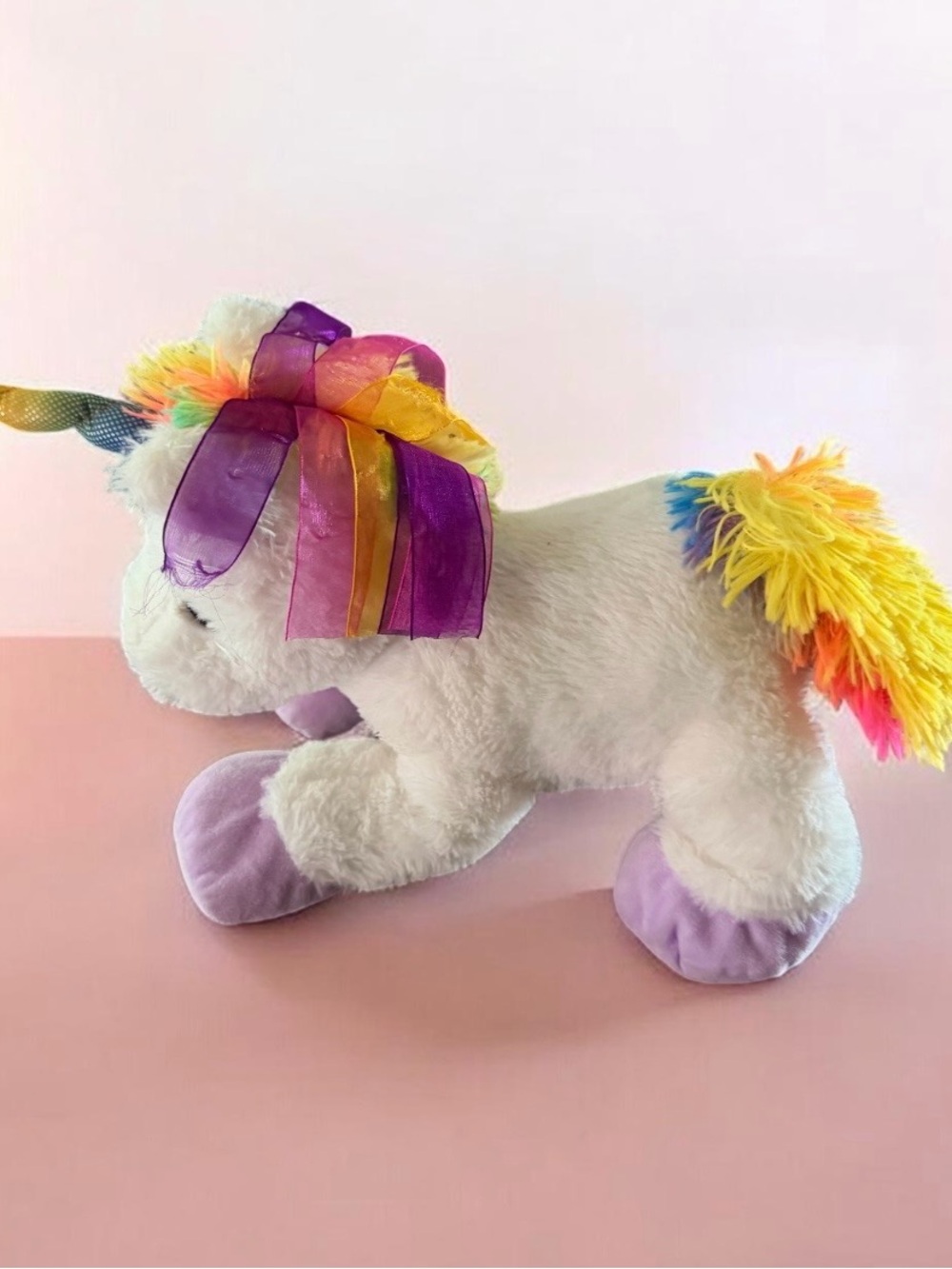 Kelly Toy 12” Plush White Unicorn with Rainbow Mane and Purple Hooves